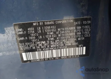 2020 Subaru Outback Limited z USA, uszkodzony, nr VIN 4S4BTANC4L3185032